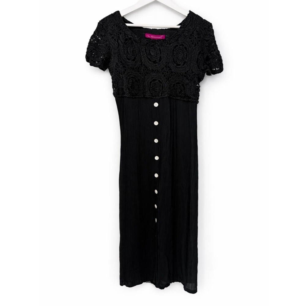 Mix Nouveau Black Crochet Midi Dress Button Long Beach Size 6 Cotton Y2K